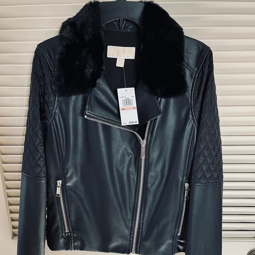 NWT Michael Kors Faux Leather Moto Jacket in Size 12- Black **Price Firm**